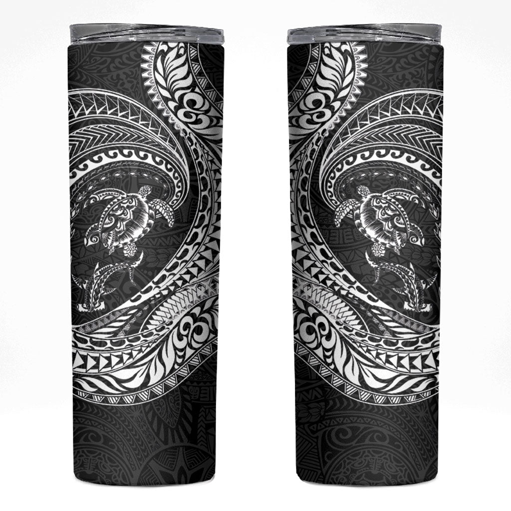 Hawaiian Turtle and Shark Skinny Tumbler Kakau Tribal with Polynesian Pattern Black Color