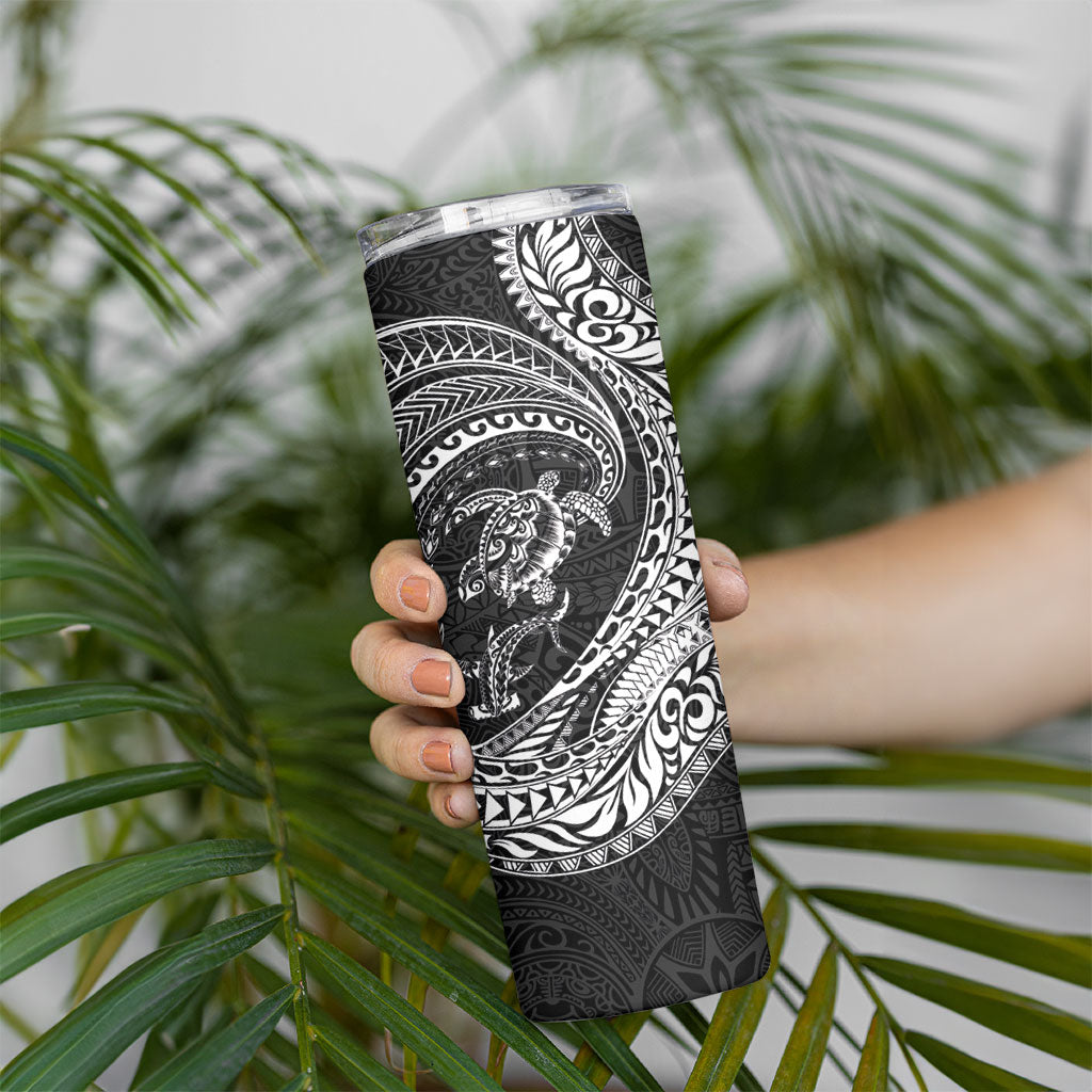 Hawaiian Turtle and Shark Skinny Tumbler Kakau Tribal with Polynesian Pattern Black Color