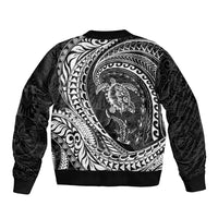 Hawaiian Turtle and Shark Sleeve Zip Bomber Jacket Kakau Tribal with Polynesian Pattern Black Color