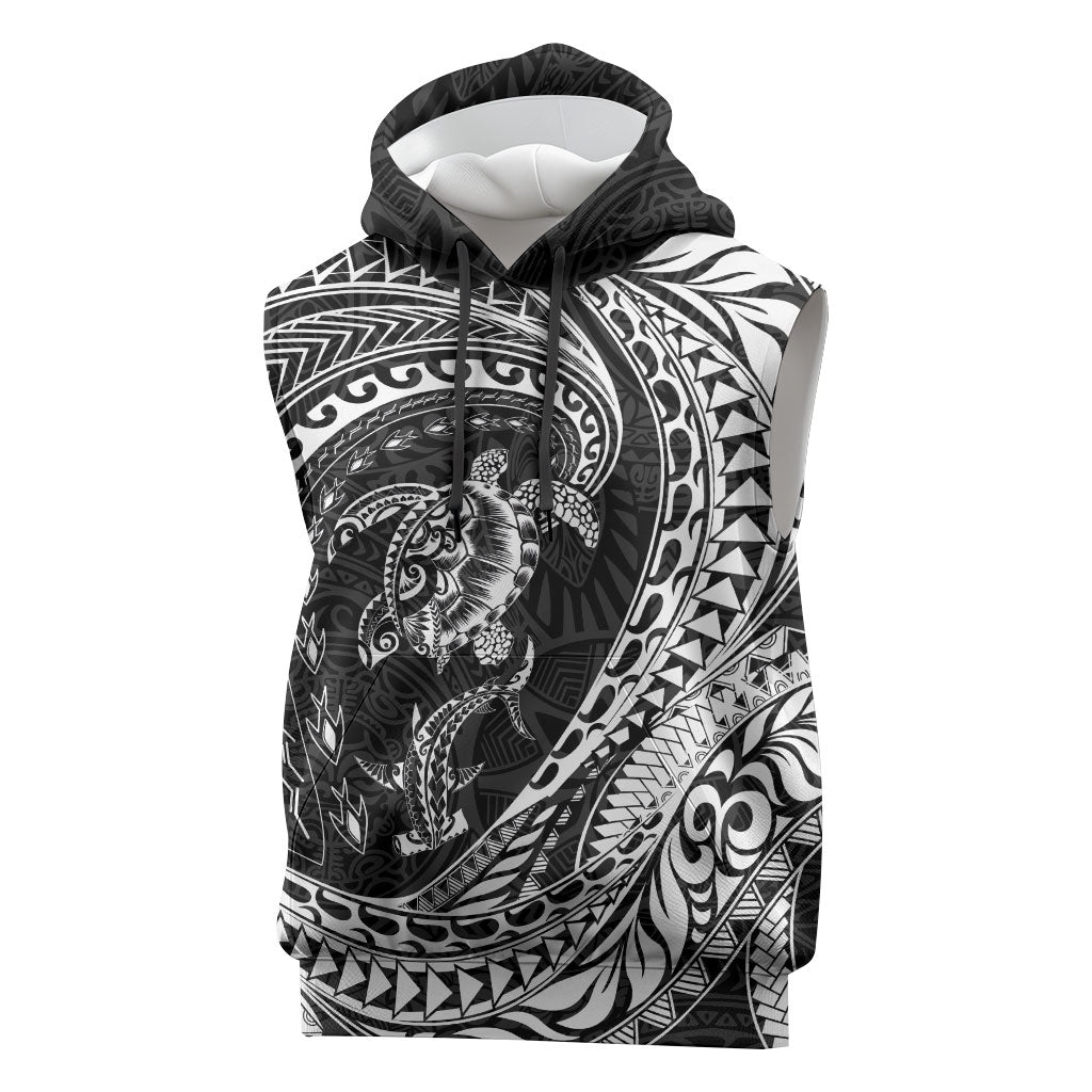 Hawaiian Turtle and Shark Sleeveless Hoodie Kakau Tribal with Polynesian Pattern Black Color