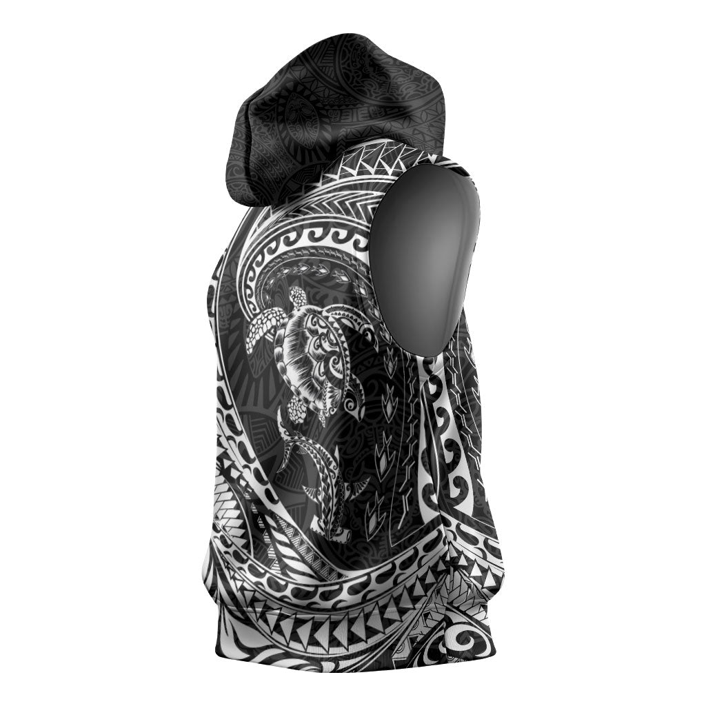 Hawaiian Turtle and Shark Sleeveless Hoodie Kakau Tribal with Polynesian Pattern Black Color