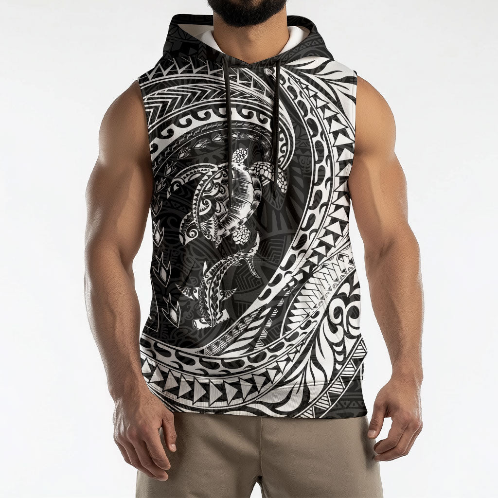 Hawaiian Turtle and Shark Sleeveless Hoodie Kakau Tribal with Polynesian Pattern Black Color