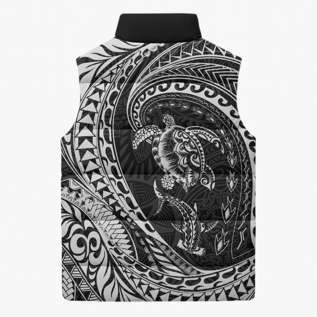Hawaiian Turtle and Shark Sleeveless Puffer Jacket Kakau Tribal with Polynesian Pattern Black Color