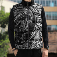 Hawaiian Turtle and Shark Sleeveless Puffer Jacket Kakau Tribal with Polynesian Pattern Black Color