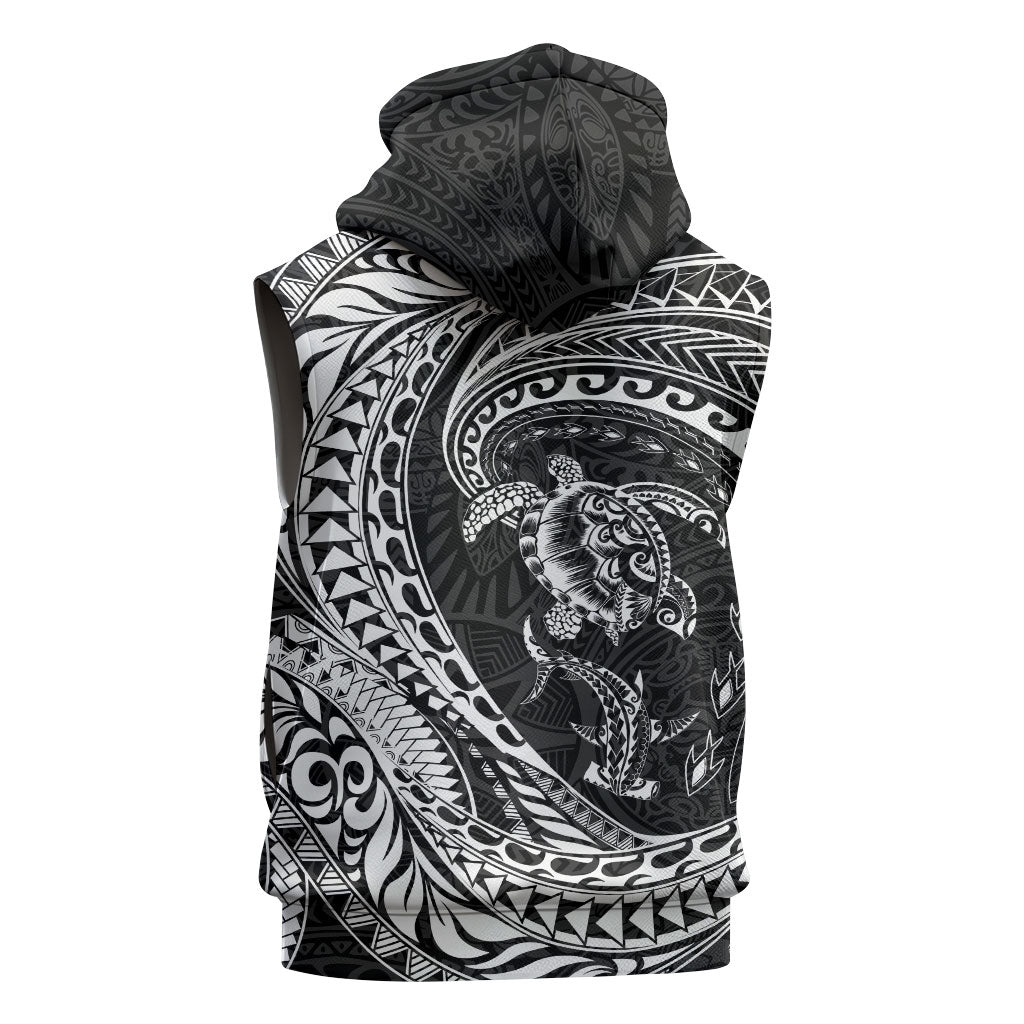 Hawaiian Turtle and Shark Sleeveless Zip Hoodie Kakau Tribal with Polynesian Pattern Black Color