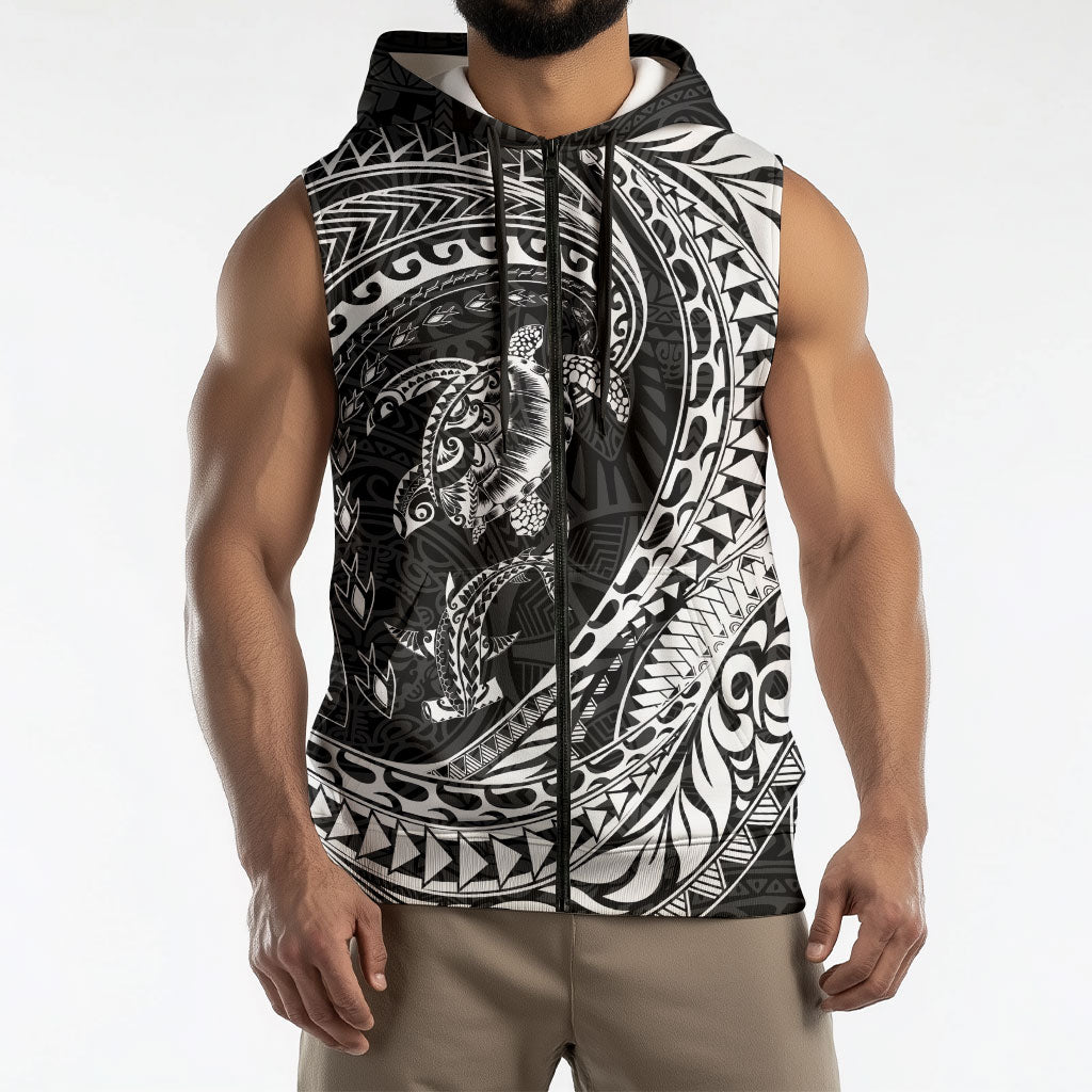 Hawaiian Turtle and Shark Sleeveless Zip Hoodie Kakau Tribal with Polynesian Pattern Black Color