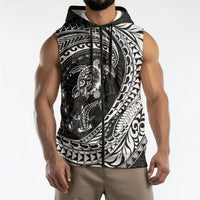 Hawaiian Turtle and Shark Sleeveless Zip Hoodie Kakau Tribal with Polynesian Pattern Black Color