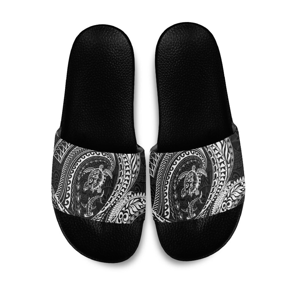 Hawaiian Turtle and Shark Slide Sandals Kakau Tribal with Polynesian Pattern Black Color