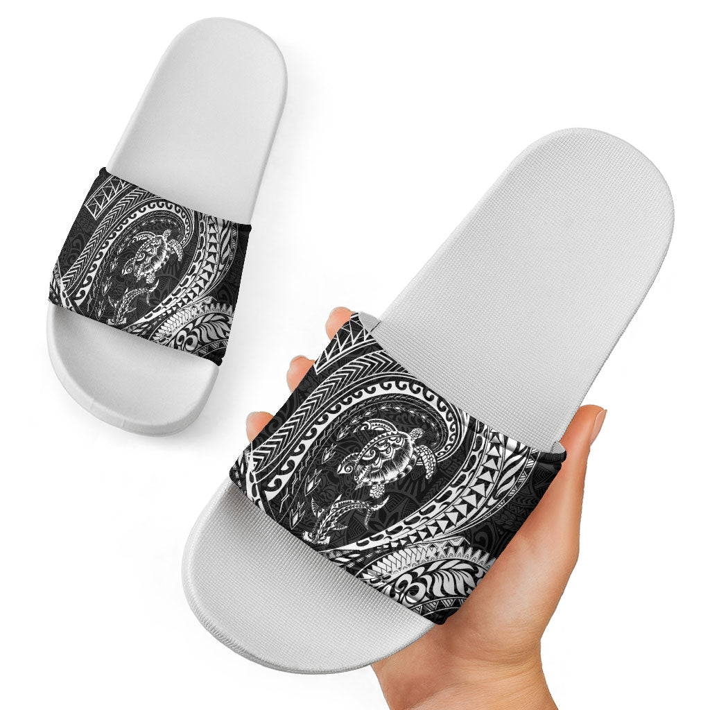 Hawaiian Turtle and Shark Slide Sandals Kakau Tribal with Polynesian Pattern Black Color
