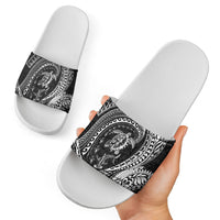 Hawaiian Turtle and Shark Slide Sandals Kakau Tribal with Polynesian Pattern Black Color