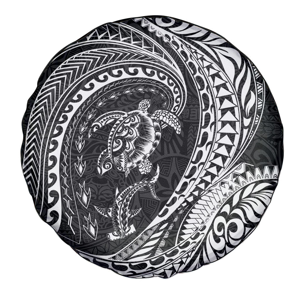 Hawaiian Turtle and Shark Spare Tire Cover Kakau Tribal with Polynesian Pattern Black Color