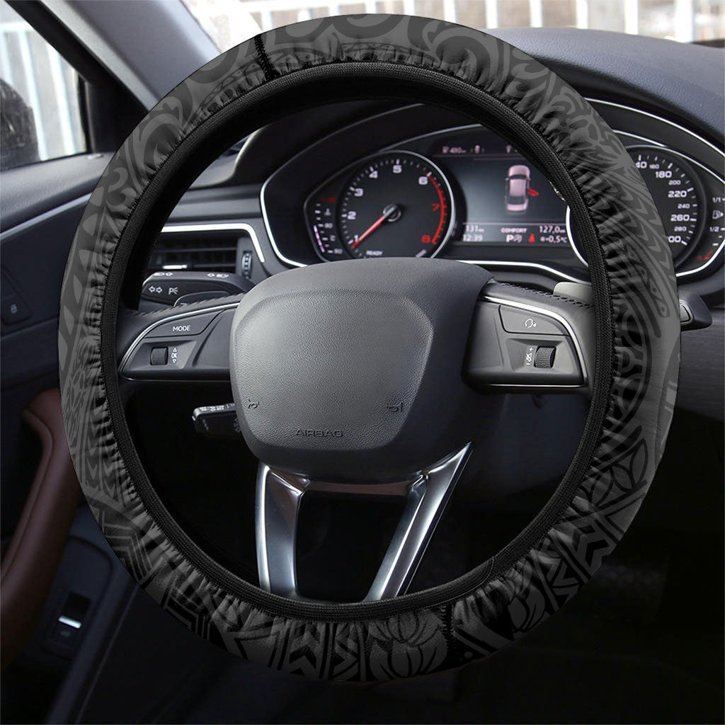 Hawaiian Turtle and Shark Steering Wheel Cover Kakau Tribal with Polynesian Pattern Black Color