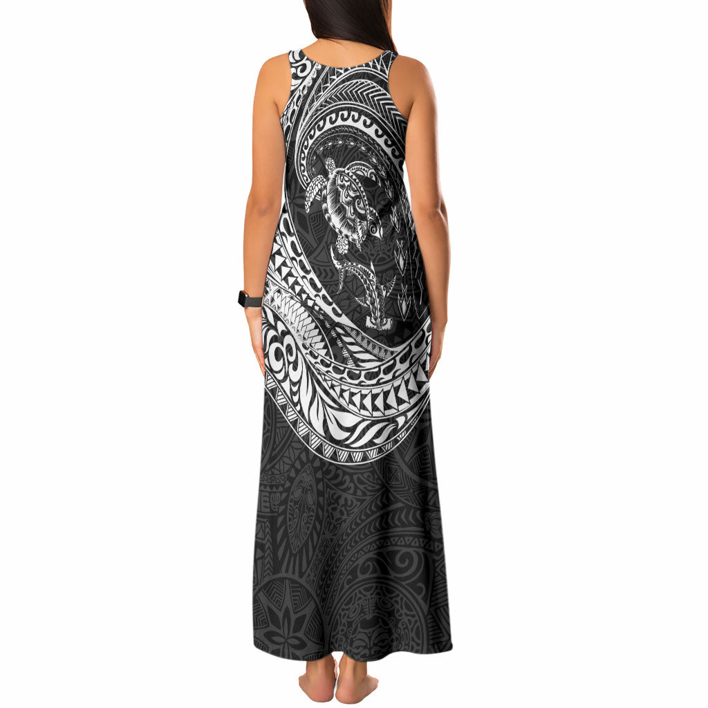 Hawaiian Turtle and Shark Tank Maxi Dress Kakau Tribal with Polynesian Pattern Black Color