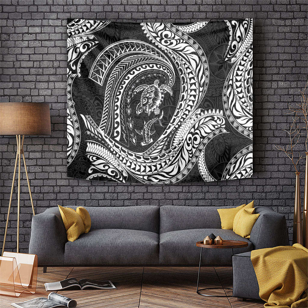 Hawaiian Turtle and Shark Tapestry Kakau Tribal with Polynesian Pattern Black Color