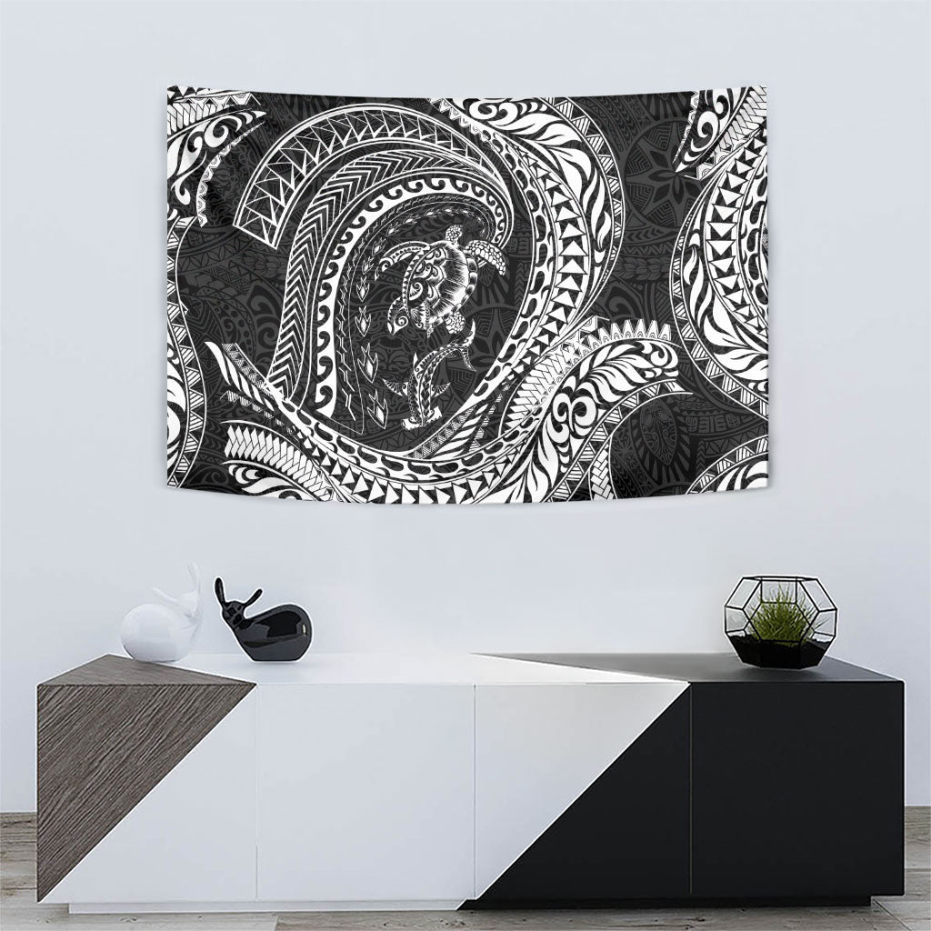 Hawaiian Turtle and Shark Tapestry Kakau Tribal with Polynesian Pattern Black Color