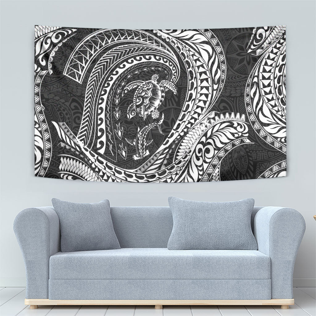 Hawaiian Turtle and Shark Tapestry Kakau Tribal with Polynesian Pattern Black Color
