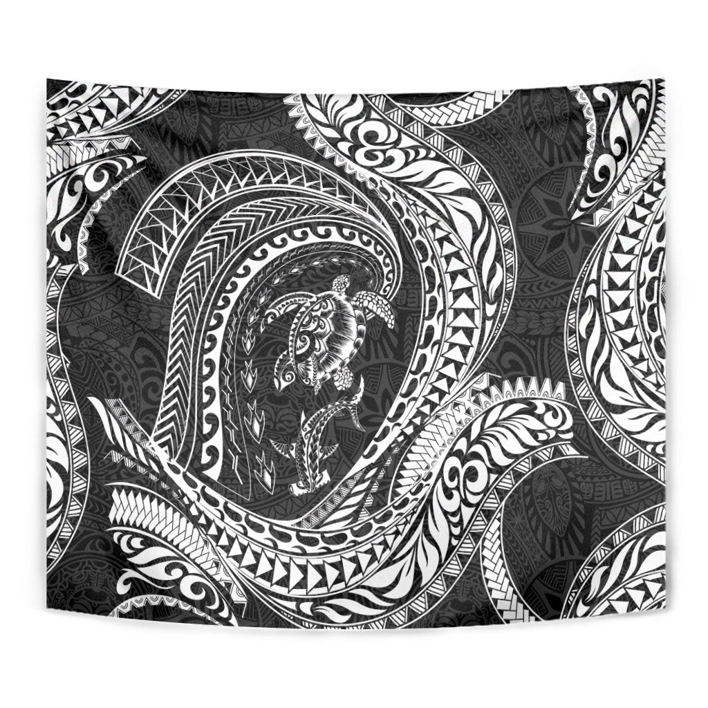Hawaiian Turtle and Shark Tapestry Kakau Tribal with Polynesian Pattern Black Color