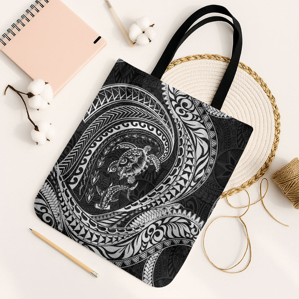 Hawaiian Turtle and Shark Tote Bag Kakau Tribal with Polynesian Pattern Black Color
