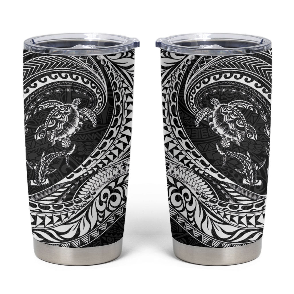Hawaiian Turtle and Shark Tumbler Cup Kakau Tribal with Polynesian Pattern Black Color