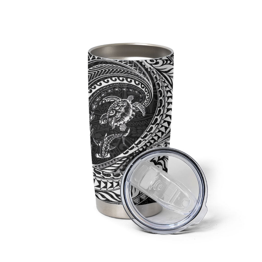 Hawaiian Turtle and Shark Tumbler Cup Kakau Tribal with Polynesian Pattern Black Color