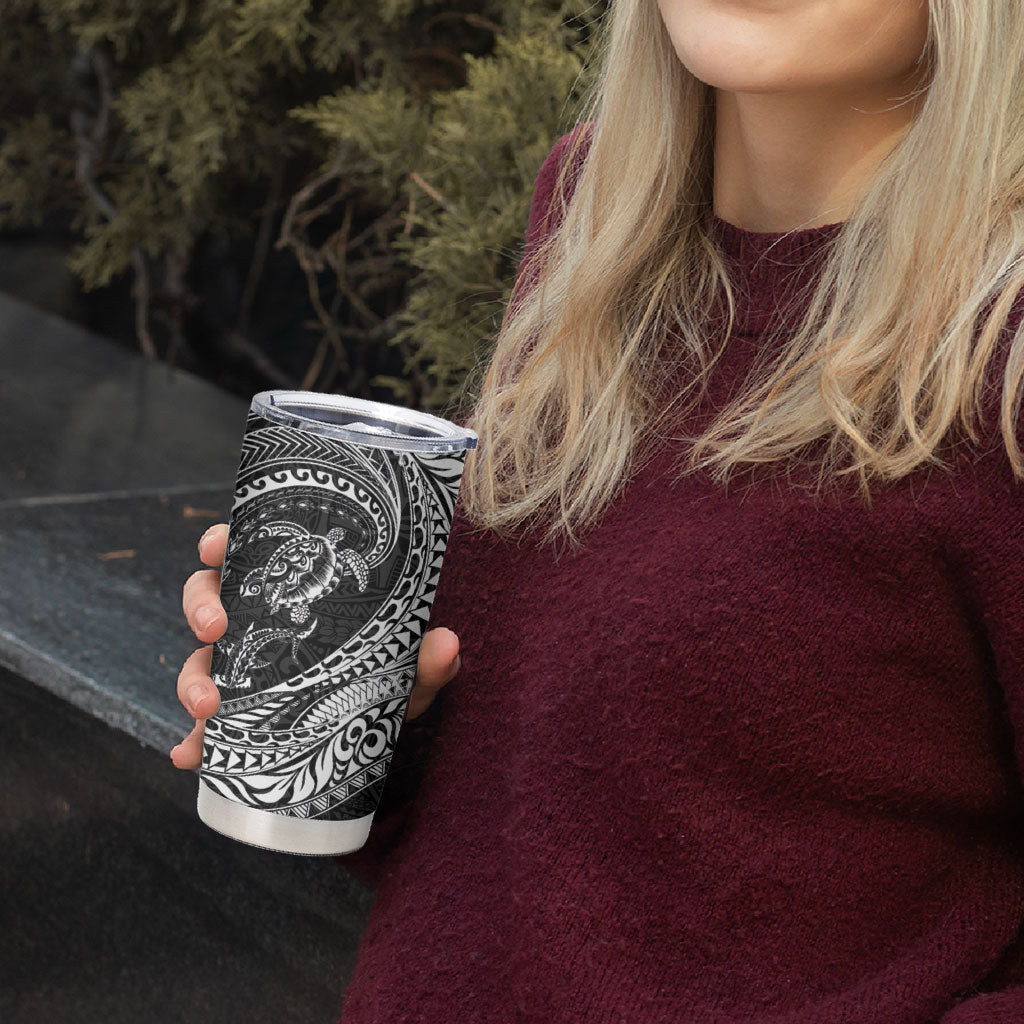 Hawaiian Turtle and Shark Tumbler Cup Kakau Tribal with Polynesian Pattern Black Color