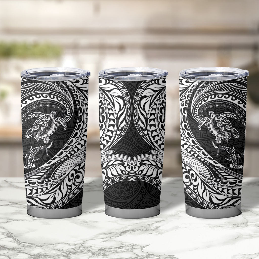 Hawaiian Turtle and Shark Tumbler Cup Kakau Tribal with Polynesian Pattern Black Color