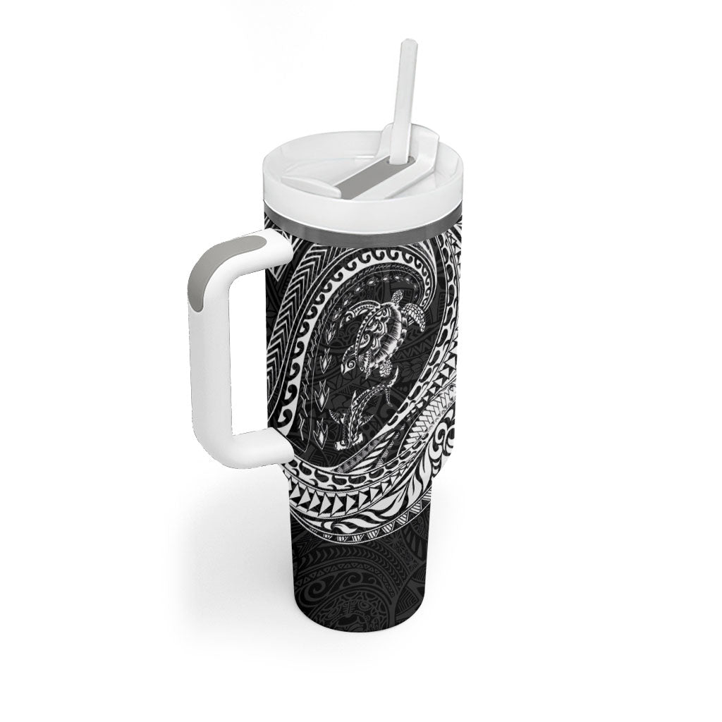 Hawaiian Turtle and Shark Tumbler With Handle Kakau Tribal with Polynesian Pattern Black Color