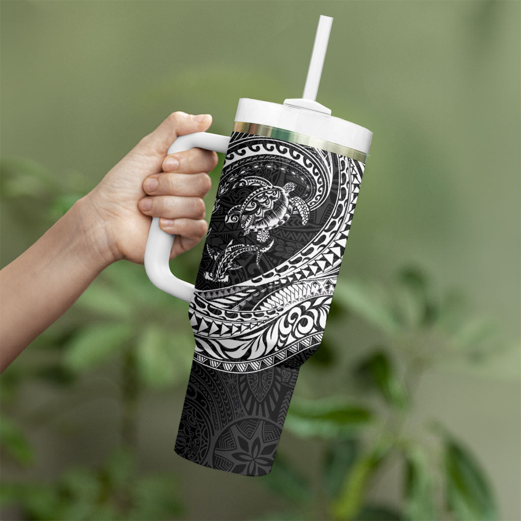 Hawaiian Turtle and Shark Tumbler With Handle Kakau Tribal with Polynesian Pattern Black Color