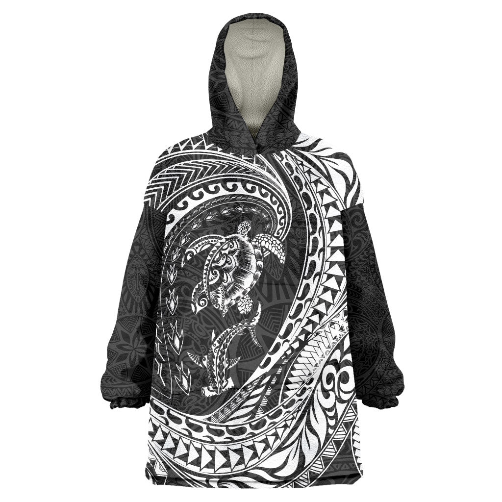Hawaiian Turtle and Shark Wearable Blanket Hoodie Kakau Tribal with Polynesian Pattern Black Color