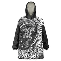 Hawaiian Turtle and Shark Wearable Blanket Hoodie Kakau Tribal with Polynesian Pattern Black Color