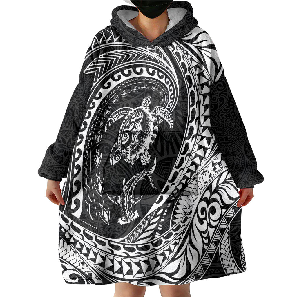 Hawaiian Turtle and Shark Wearable Blanket Hoodie Kakau Tribal with Polynesian Pattern Black Color