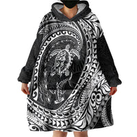 Hawaiian Turtle and Shark Wearable Blanket Hoodie Kakau Tribal with Polynesian Pattern Black Color