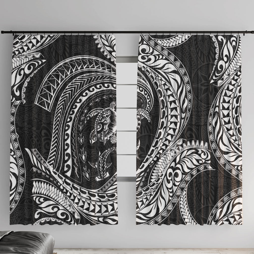 Hawaiian Turtle and Shark Window Curtain Kakau Tribal with Polynesian Pattern Black Color