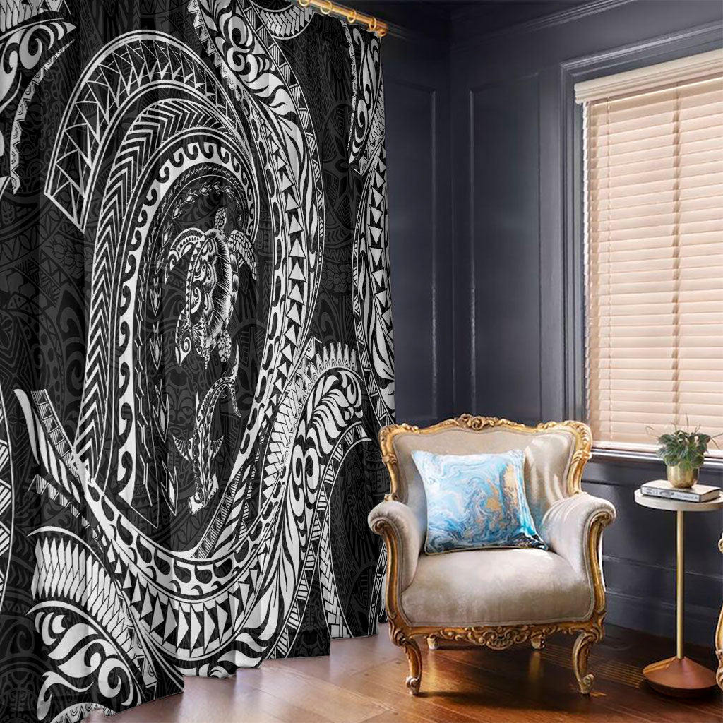 Hawaiian Turtle and Shark Window Curtain Kakau Tribal with Polynesian Pattern Black Color