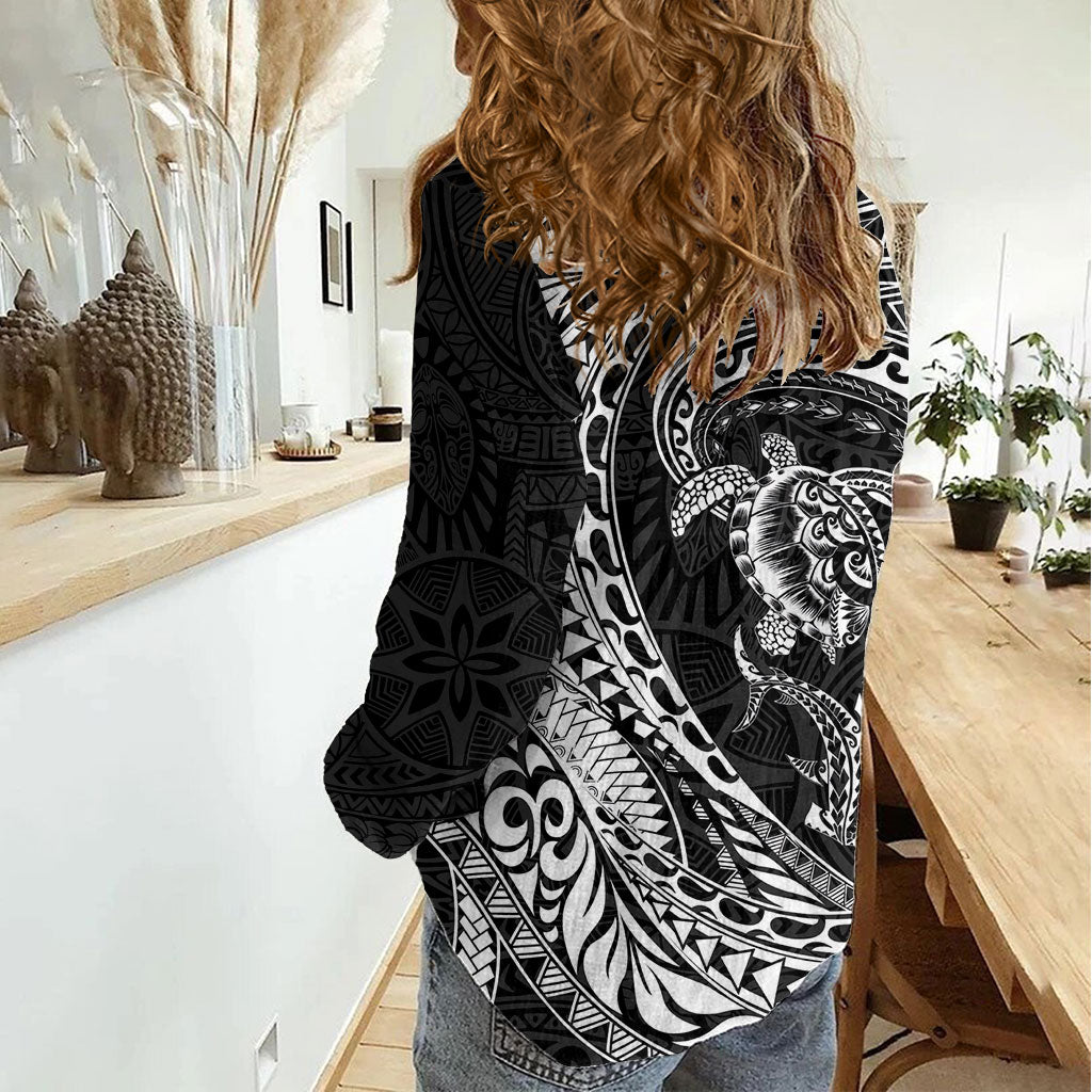 Hawaiian Turtle and Shark Women Casual Shirt Kakau Tribal with Polynesian Pattern Black Color