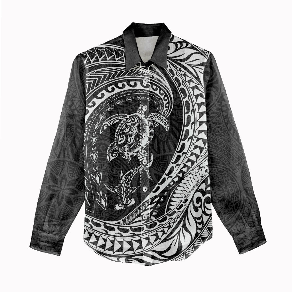 Hawaiian Turtle and Shark Women Casual Shirt Kakau Tribal with Polynesian Pattern Black Color
