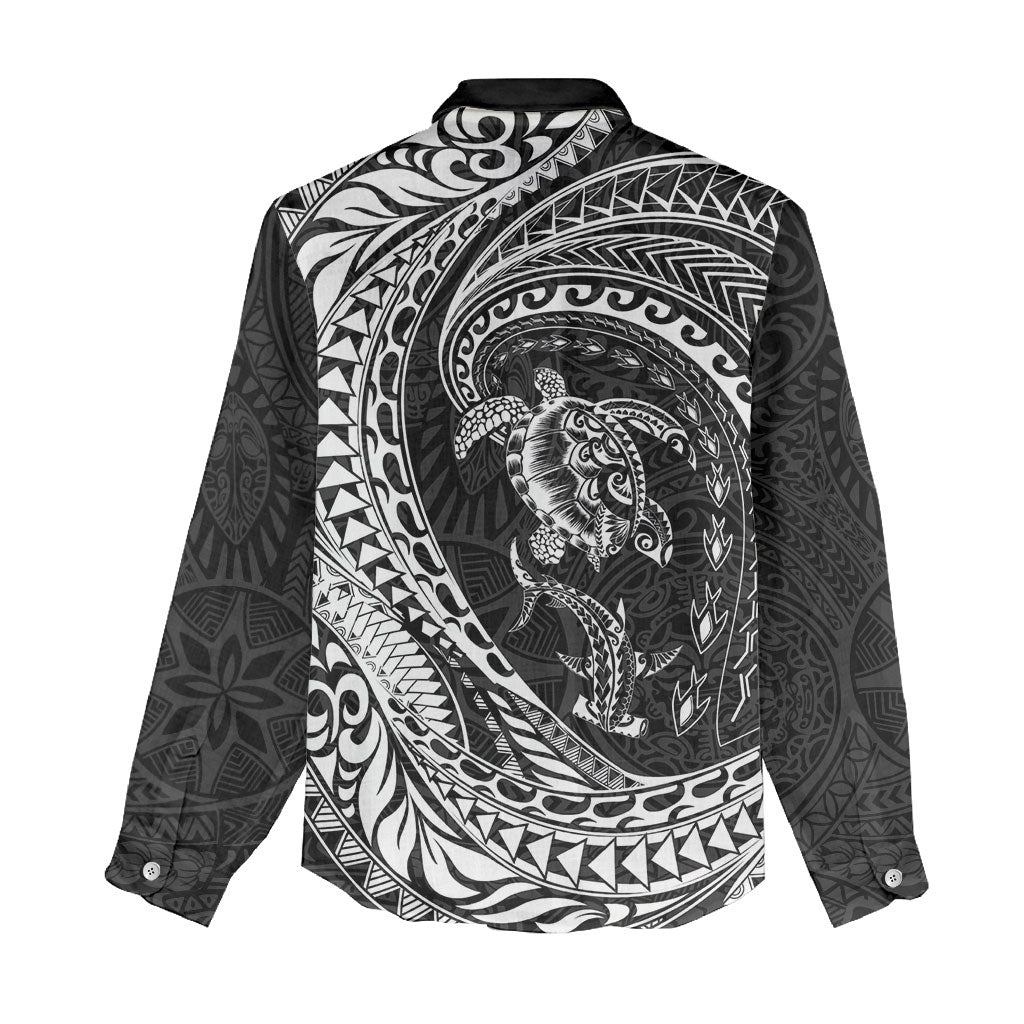Hawaiian Turtle and Shark Women Casual Shirt Kakau Tribal with Polynesian Pattern Black Color