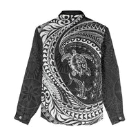 Hawaiian Turtle and Shark Women Casual Shirt Kakau Tribal with Polynesian Pattern Black Color