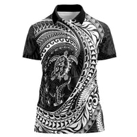 Hawaiian Turtle and Shark Women Polo Shirt Kakau Tribal with Polynesian Pattern Black Color