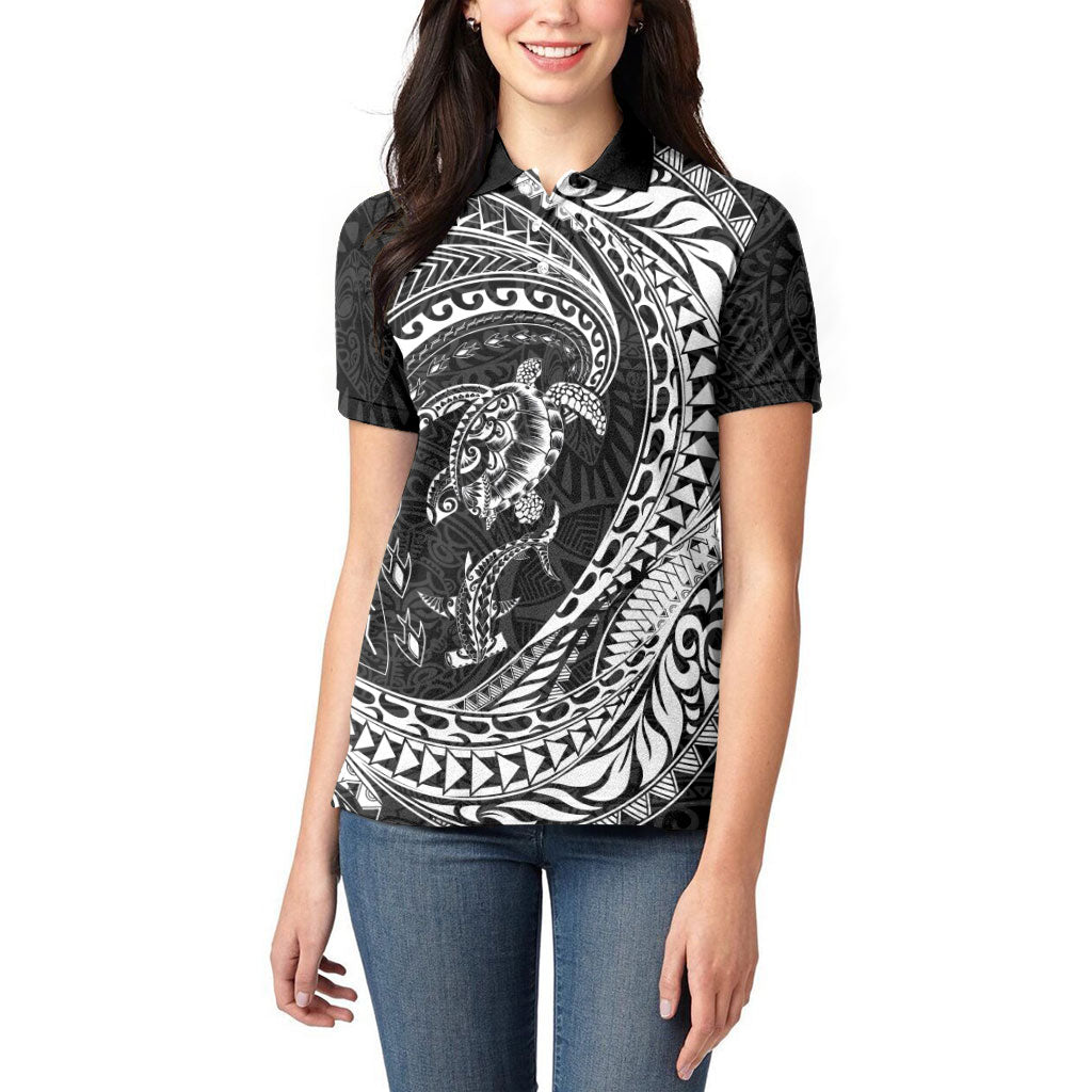 Hawaiian Turtle and Shark Women Polo Shirt Kakau Tribal with Polynesian Pattern Black Color