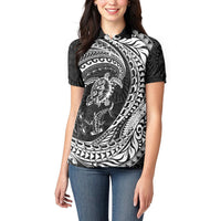 Hawaiian Turtle and Shark Women Polo Shirt Kakau Tribal with Polynesian Pattern Black Color