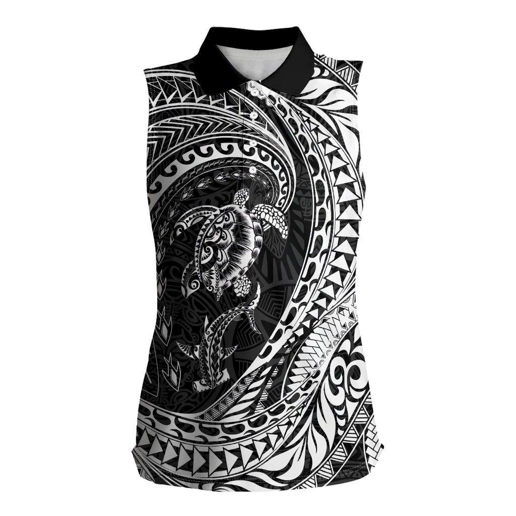 Hawaiian Turtle and Shark Women Sleeveless Polo Shirt Kakau Tribal with Polynesian Pattern Black Color