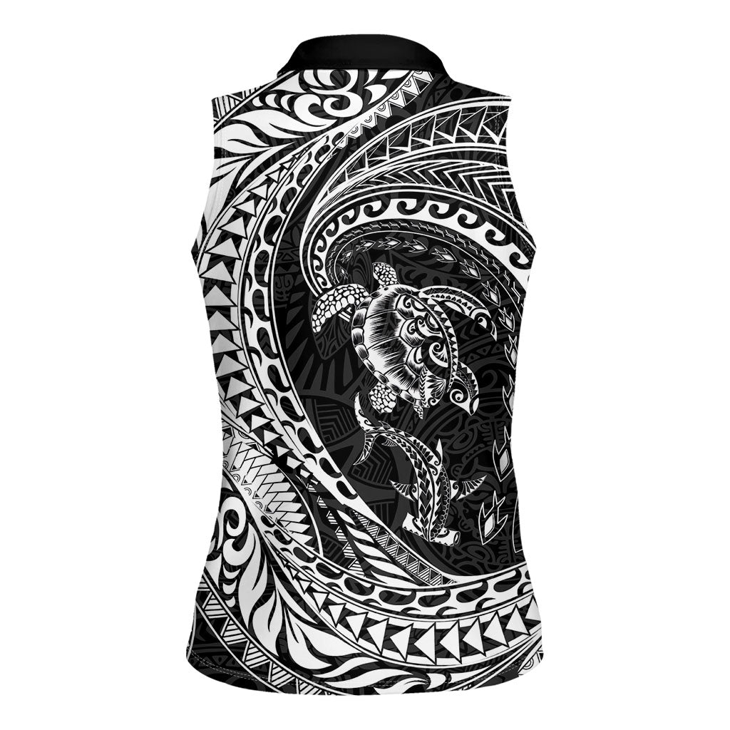 Hawaiian Turtle and Shark Women Sleeveless Polo Shirt Kakau Tribal with Polynesian Pattern Black Color