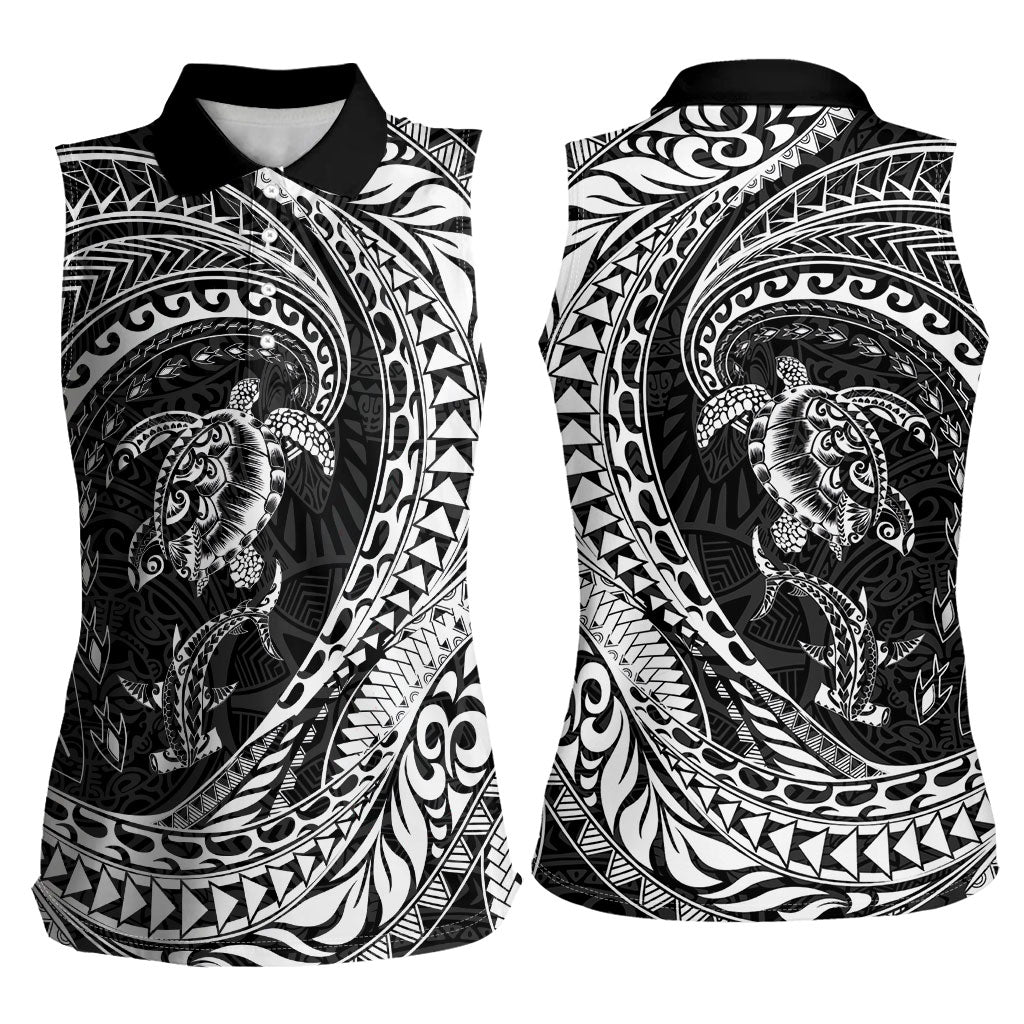 Hawaiian Turtle and Shark Women Sleeveless Polo Shirt Kakau Tribal with Polynesian Pattern Black Color