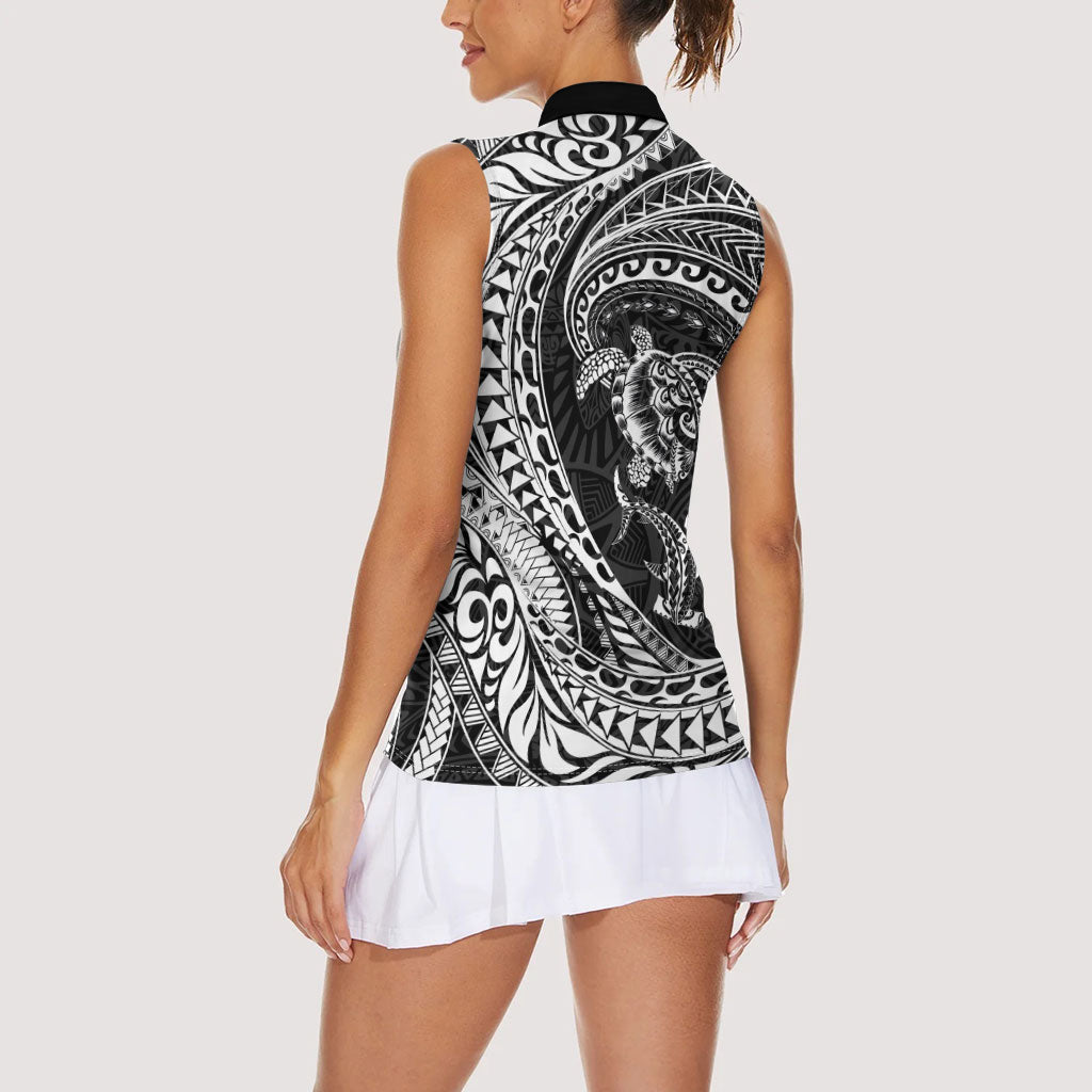 Hawaiian Turtle and Shark Women Sleeveless Polo Shirt Kakau Tribal with Polynesian Pattern Black Color