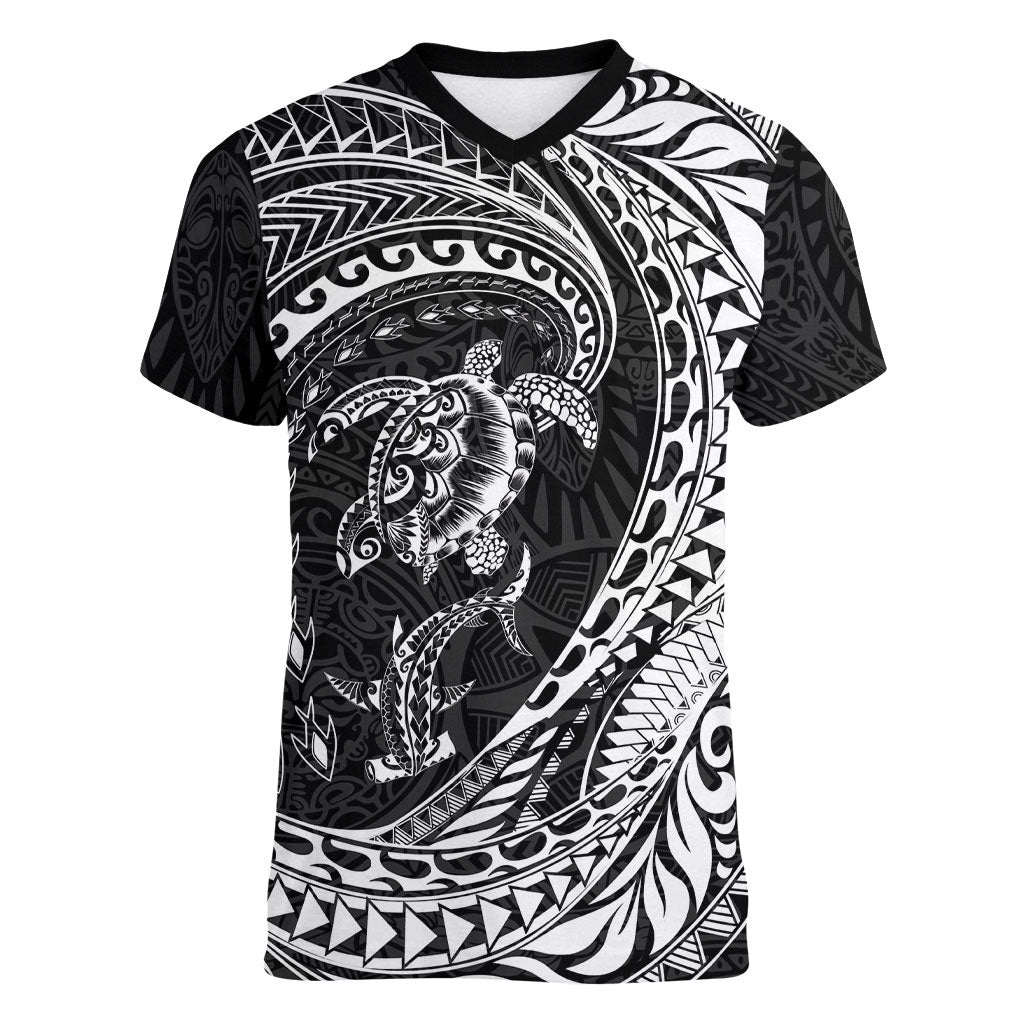 Hawaiian Turtle and Shark Women V-Neck T-Shirt Kakau Tribal with Polynesian Pattern Black Color