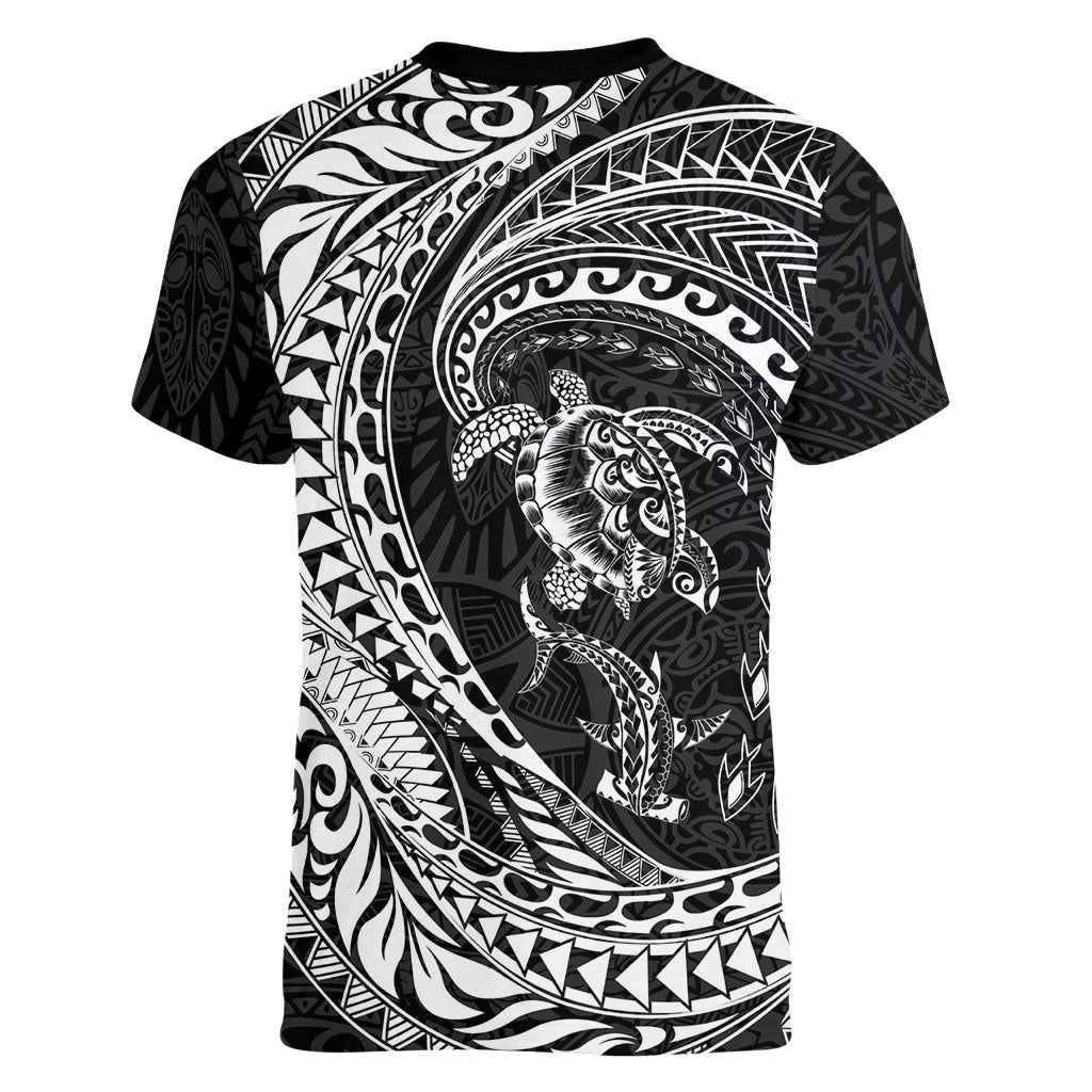Hawaiian Turtle and Shark Women V-Neck T-Shirt Kakau Tribal with Polynesian Pattern Black Color