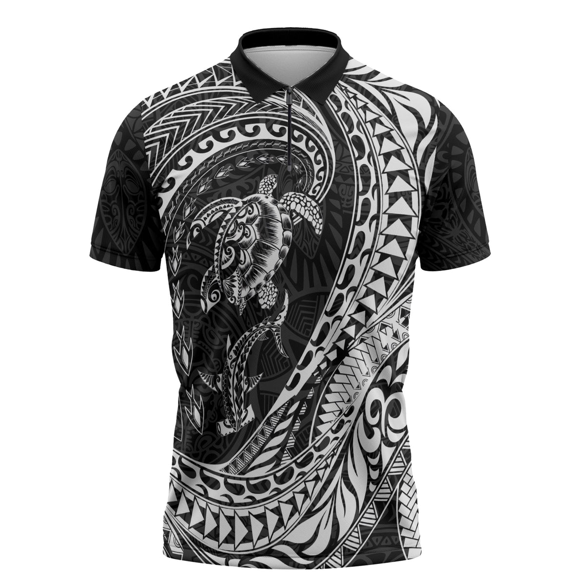 Hawaiian Turtle and Shark Zipper Polo Shirt Kakau Tribal with Polynesian Pattern Black Color