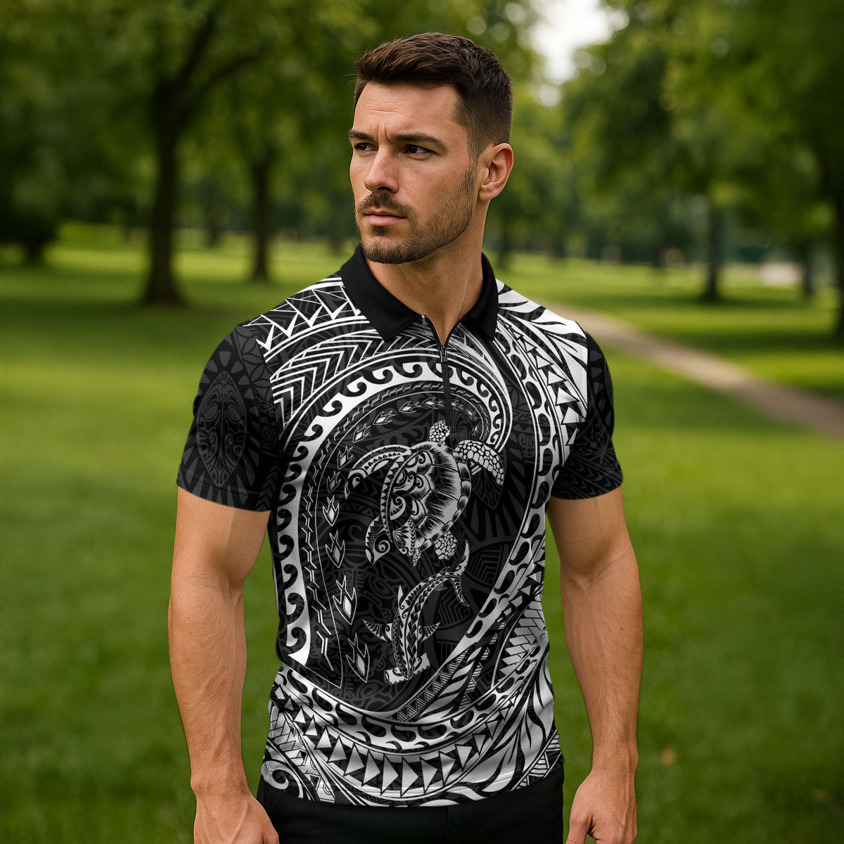 Hawaiian Turtle and Shark Zipper Polo Shirt Kakau Tribal with Polynesian Pattern Black Color