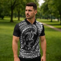 Hawaiian Turtle and Shark Zipper Polo Shirt Kakau Tribal with Polynesian Pattern Black Color